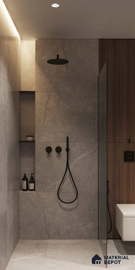 A bathroom with a large tub in the middle of a bathroom next to a wooden stool and wooden stool in a white wall next to a wooden table and white wall with black counter top of a white